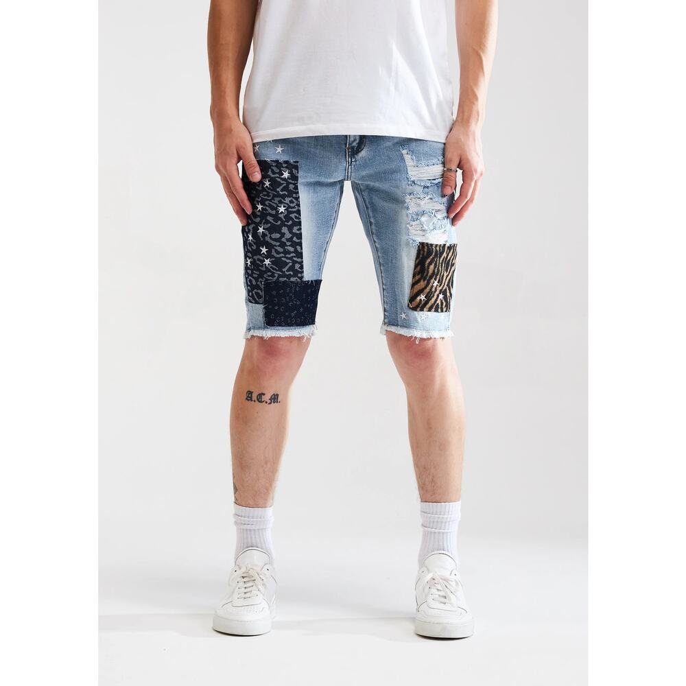 Embellish NYC Men's Rip & Repair Patchwork Distressed Skinny Denim Jean Shorts